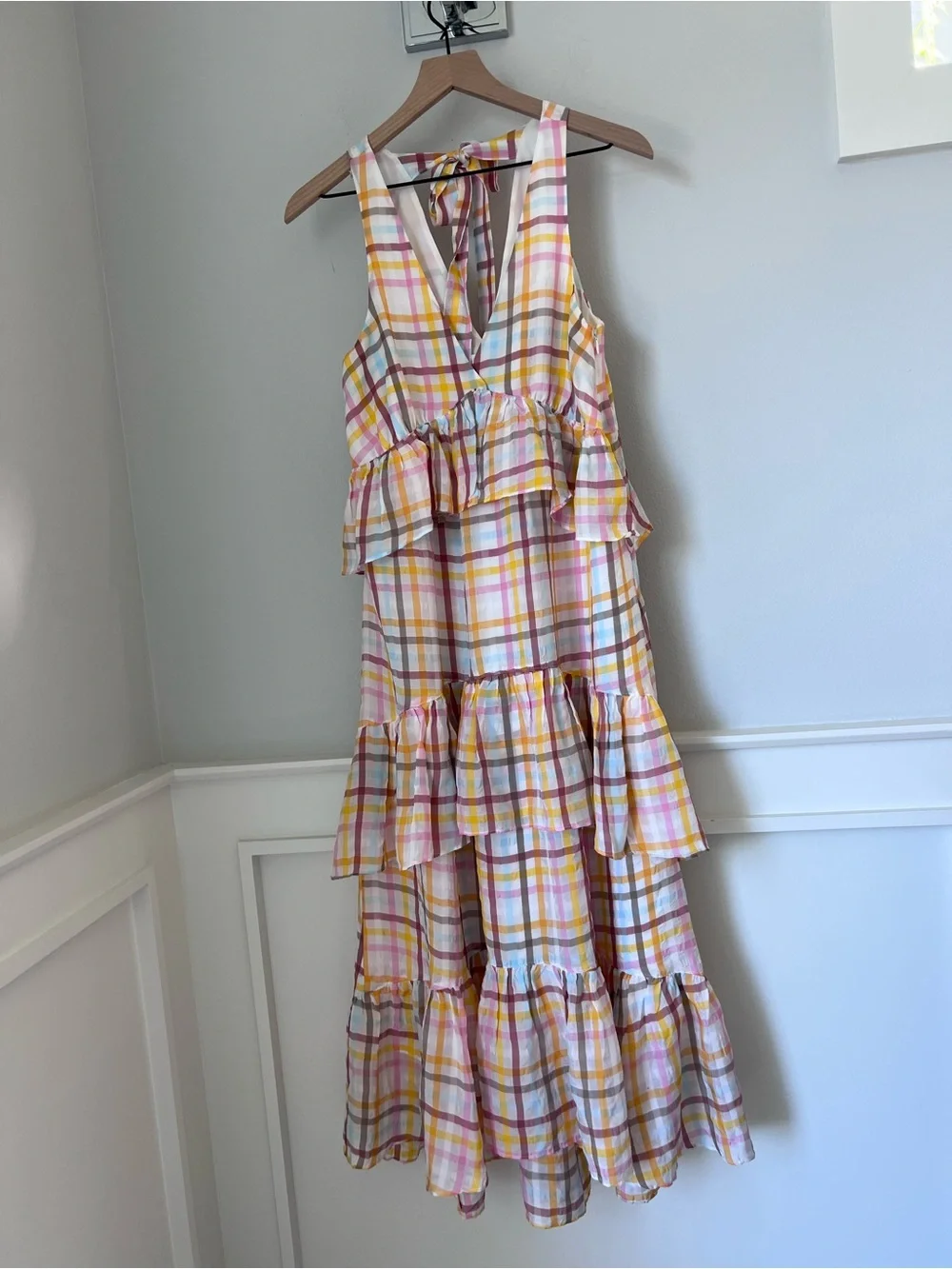cinq a sept Pastel Plaid Tiered V-Neck Maxi Dress in Yellow and Pink - Picture 3 of 11